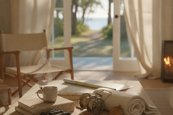 Wooden table with vintage items including binoculars, compass, and coffee mug, overlooking water through open glass doors with flowing curtains
