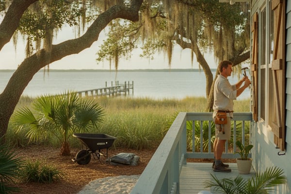 Man working on coastal house porch with live oak tree, marsh grass, and wooden dock visible across the water