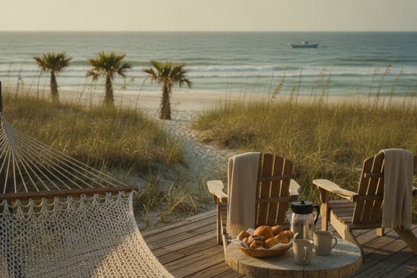 Wooden deck with hammock, Adirondack chairs, and small table overlooking beach with palm trees and ocean
