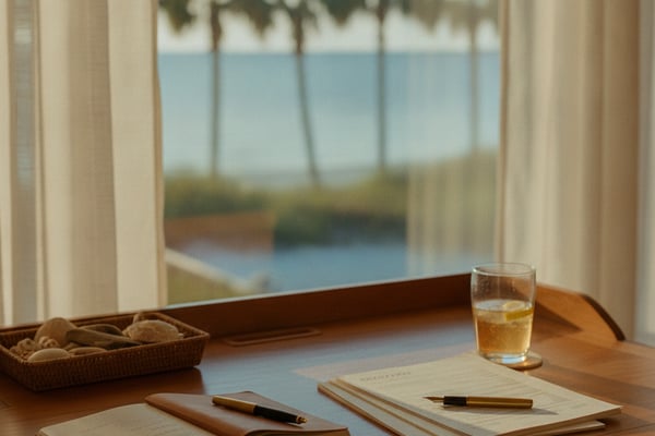 Wooden desk with notebooks, pen, and glass of water overlooking palm trees and ocean view through window