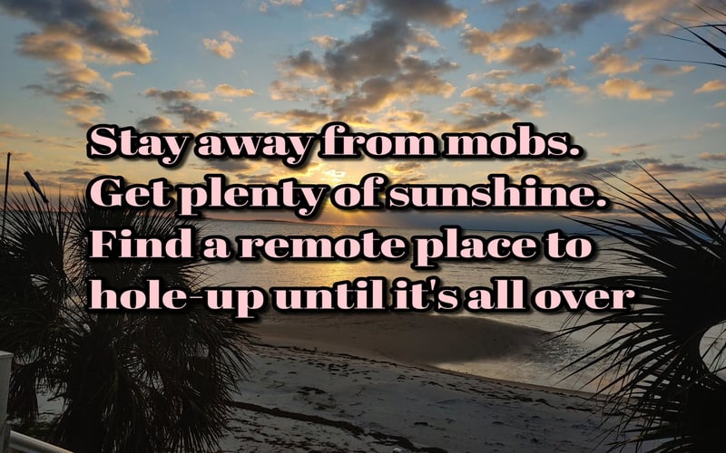 Beach at sunset with palm trees and text overlay about staying away from mobs and finding remote places